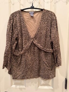 Ann Taylor Brown Patterned Twist-Front V-Neck Blouse